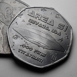 Moneda/Artefacto alienígena de TITANIO .999 extremadamente raro. Área 51. OVNI/nave espacial Nevada/EE.UU.