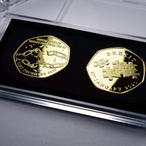 Trio of BREXIT 24ct Gold Commemoratives in 50p Coin Display/Presentation Case. UK EU Politics United Kingdom Europe Referendum 2016 2021