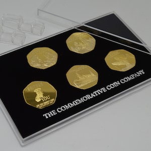 Full Set of 24ct Gold &#39;The Centurion 20th Century Events/News&#39; Commemoratives + Acrylic Glass 50p Presentation/Display Case/Stand.