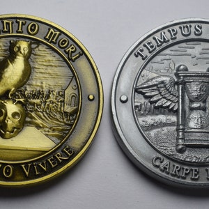 Pair of Memento Mori/Vivere Reminder Coins in Capsules. Owl/Wisdom/Skull/Hourglass. Stoic/Reflection. Tempus Fugit. High Relief, Heavy