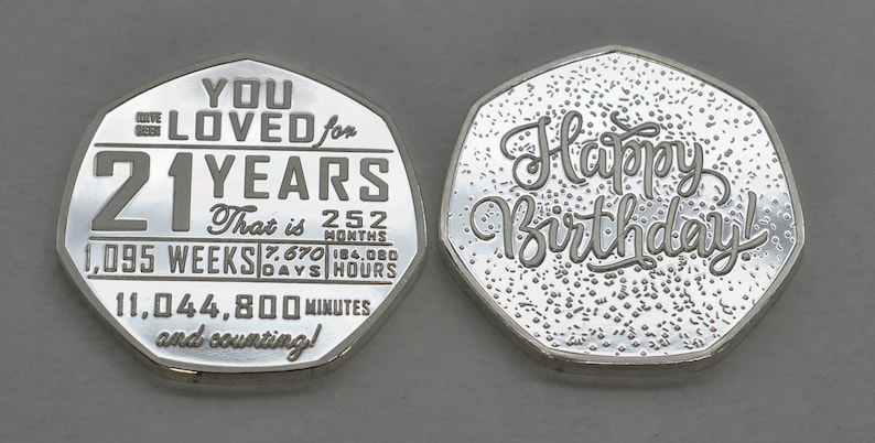 May include: Silver coin with a commemorative design. One side features the text "YOU LOVED for 21 YEARS" and a breakdown of the time in years, months, weeks, days, hours, and minutes. The other side features the text "Happy Birthday!"