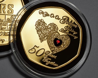 Goldene Hochzeit Geschenke 50. Goldener Hochzeitstag Gedenk-Geschenk In Box – 24kt Gold, Edelstein, 50p Münze 50. Hochzeitstag Geschenk
