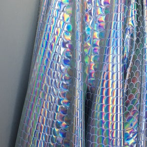 May include: Close-up of iridescent fabric with a scale pattern. The fabric is silver with a rainbow sheen.