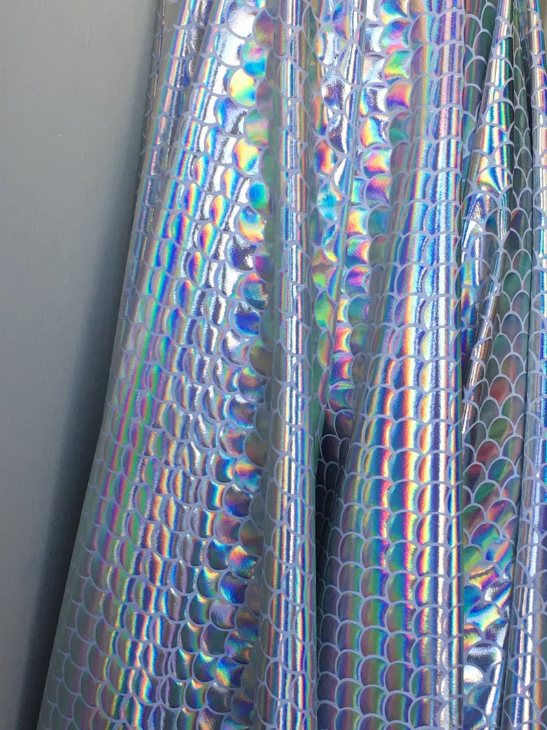 May include: Close-up of iridescent fabric with a scale pattern. The fabric is silver with a rainbow sheen.
