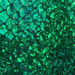 4 way stretch mermaid fish scales black/green foil on poly spandex fabric sold by the yard