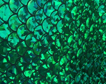 4 forma de estirar la sirena de pescado escala papel de aluminio negro / verde en tela poli spandex vendido cortado a su tamaño