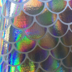May include: Close-up of iridescent fabric with a mermaid scale pattern. The scales are a holographic silver color with a rainbow sheen.