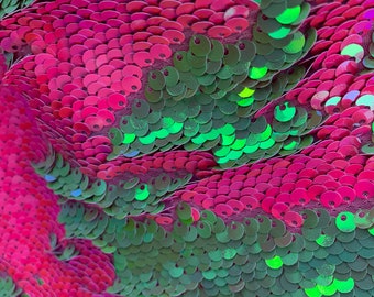 nueva lentejuela reversible de color rosa neón iridiscente y verde iridiscente en tela elástica de 54 &quot;pulgadas de ancho vendida cortada a medida