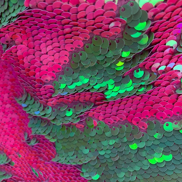 new iridescent neon pink and iridescent green reversible sequin on one way stretch fabric 54"inch wide sold by the yard