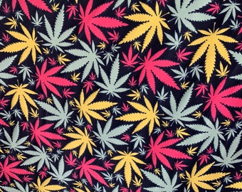 red, mint green and goldesh yellow all over marijuana leafs print on nylon  spandex 4 way stretch 58"/60" inch  fabric sold by the yard