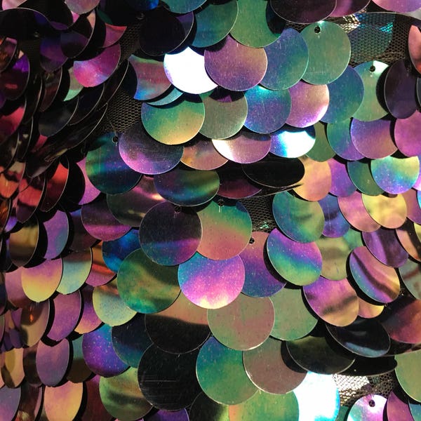 New 20 millimeters iridescent petrol with hologram paillette sequin on mesh fabric 54" inch sold by the yard