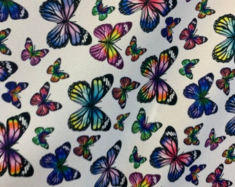 butterfly colorful print on non stretch  polyester fabric 60” inch wide sold by the yard