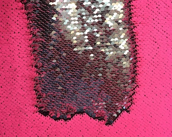 Mermaid reversible sequin matte neon pink /shiny silver on one way stretch poly spandex fabric 52"/54" sold by the yard