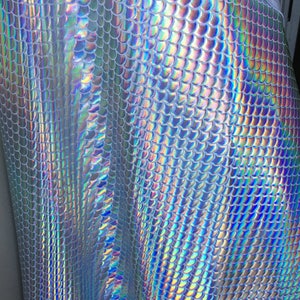 May include: Close-up of iridescent fabric with a scale pattern. The fabric is silver with blue, green, and purple hues.