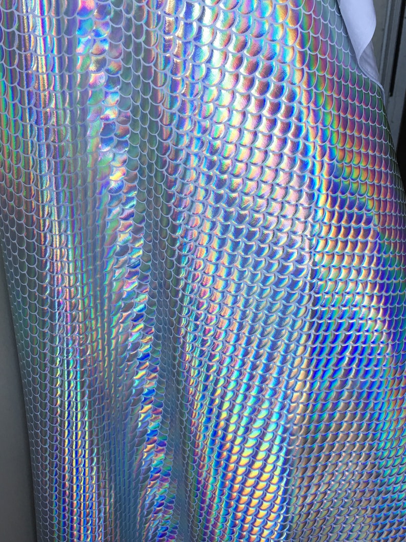 May include: Close-up of iridescent fabric with a scale pattern. The fabric is silver with blue, green, and purple hues.