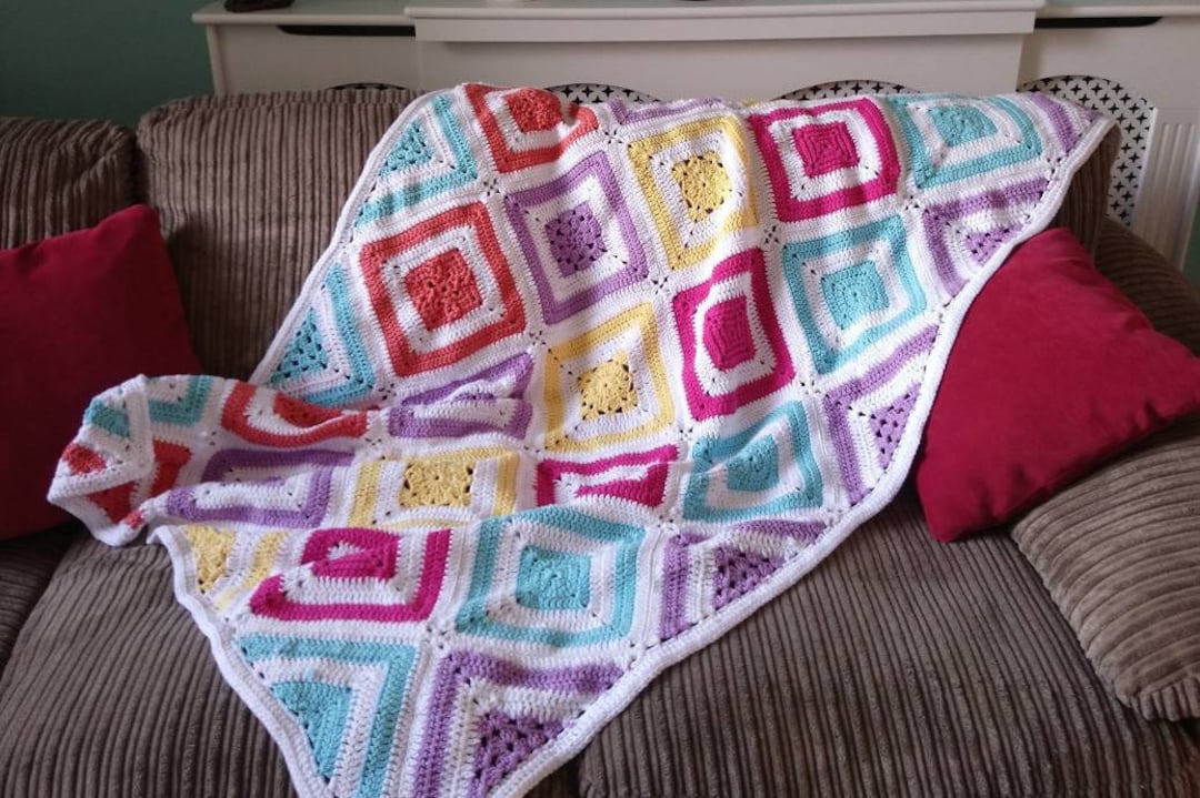 Cotton Crochet Blanket. in a Colourful Diamond Square Hygge Etsy UK