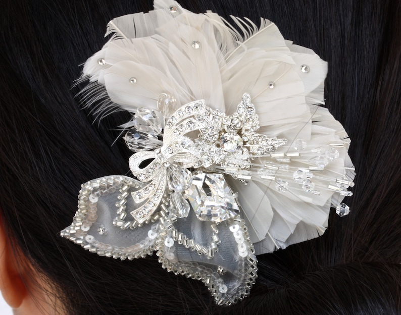 Wedding Head Piece,Feather Hair Comb,Bridal Crystal Feather Comb,Fascinator,Bridal Hair Accessories,Ivory Hair Comb,Great Gatsby Headpiece