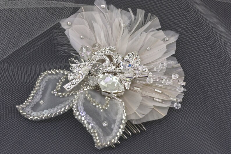 Wedding Head Piece,Feather Hair Comb,Bridal Crystal Feather Comb,Fascinator,Bridal Hair Accessories,Ivory Hair Comb,Great Gatsby Headpiece