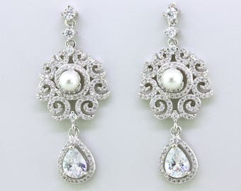 Pearl Bridal Earrings,Pearl Drop Wedding Earrings,Long Crystal Pearl Bridal Earrings,Bridesmaid Earrings Wedding Gift Jewelry,Gift for Women