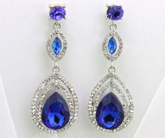 Blue Sapphire Chandelier Dangle Stud Earringsstatement Bridal - Etsy