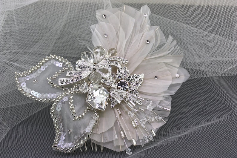 Wedding Head Piece,Feather Hair Comb,Bridal Crystal Feather Comb,Fascinator,Bridal Hair Accessories,Ivory Hair Comb,Great Gatsby Headpiece