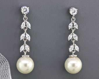 Pearl Bridal Earrings,Pearl Drop Wedding Earrings,Long Crystal Pearl Bridal Earrings,Bridesmaid Earrings Wedding Gift Jewelry,Gift for Women