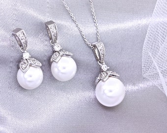 Bridal Jewelry SET, Cubic Zirconia Wedding Necklce Earring Jewelry, Sliver Pearl Drop Pendant, Pearl Drop Bridal Bridesmaids jewelry SET