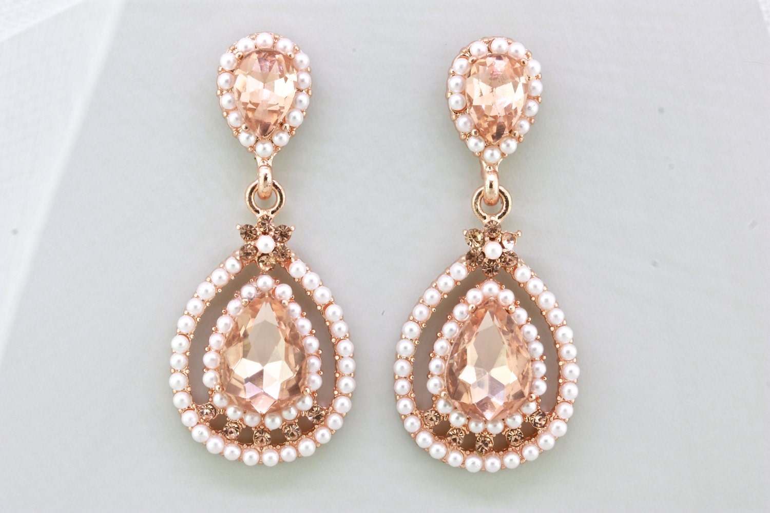 Bridal Blush Faux Pearl Earringsrose Gold Chandelier Tear Etsy