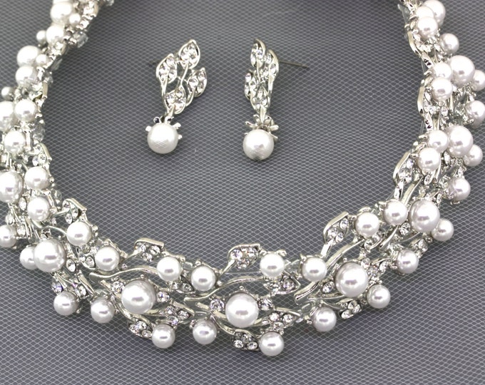 Pearl Bridal Earrings Necklace Jewelry Set,vine Rhinestone Leaves Pearl
