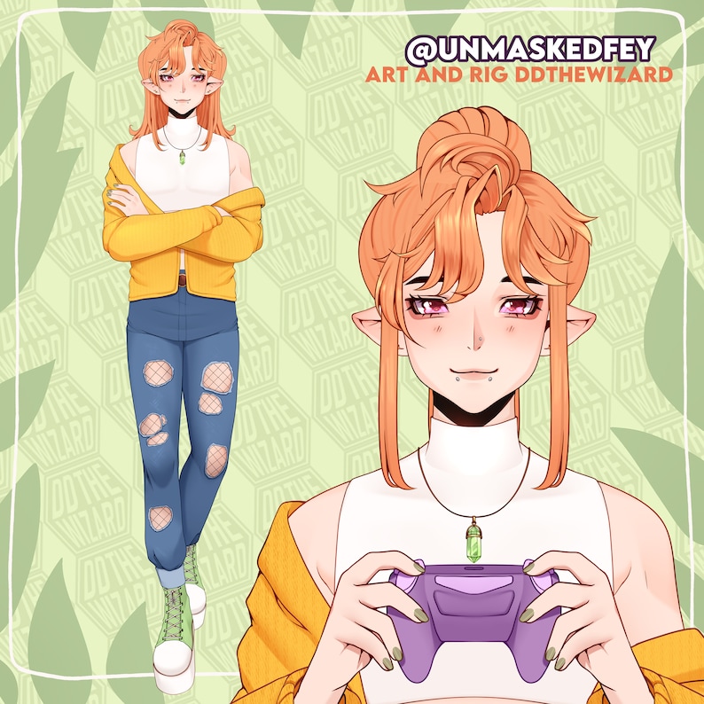 May include: A digital illustration of an elf character with orange hair, wearing a white sleeveless top, a yellow jacket, and blue distressed jeans with fishnet stockings underneath. The character holds a purple game controller and wears a green crystal necklace.