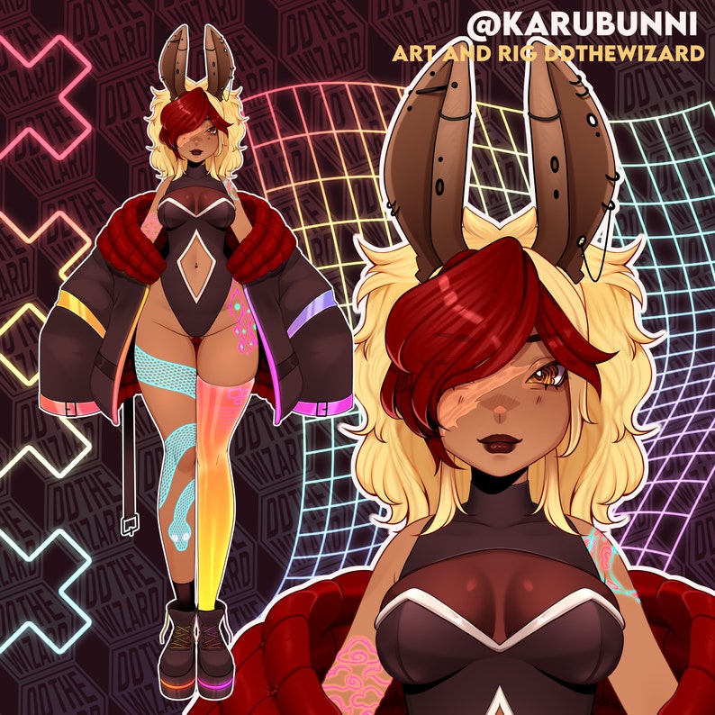 May include: A digital illustration of a character with blonde hair, red bangs, and large brown rabbit ears. The character wears a black bodysuit, a dark oversized jacket, and mismatched leg wear featuring a blue snake pattern and yellow gradient.