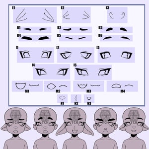 May include: A digital character design reference sheet featuring various black line art options for ears, eyebrows, eyes, mouths, and noses, displayed above five distinct gray-toned character head illustrations with the text DD THE WIZARD YCH.