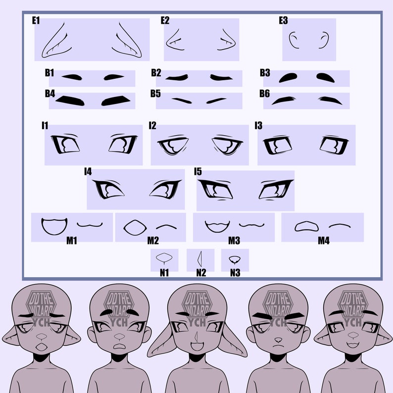 May include: A digital character design reference sheet featuring various black line art options for ears, eyebrows, eyes, mouths, and noses, displayed above five distinct gray-toned character head illustrations with the text DD THE WIZARD YCH.