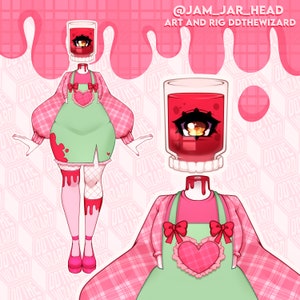 May include: A digital character illustration featuring a head shaped like a glass jar filled with red liquid and a single eye. The figure wears a pink plaid long-sleeve shirt, a light green apron with a heart patch, and pink shoes. Text reads @JAM_JAR_HEAD ART AND RIG DDTHEWIZARD.