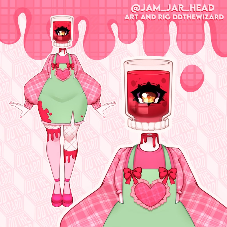 May include: A digital character illustration featuring a head shaped like a glass jar filled with red liquid and a single eye. The figure wears a pink plaid long-sleeve shirt, a light green apron with a heart patch, and pink shoes. Text reads @JAM_JAR_HEAD ART AND RIG DDTHEWIZARD.