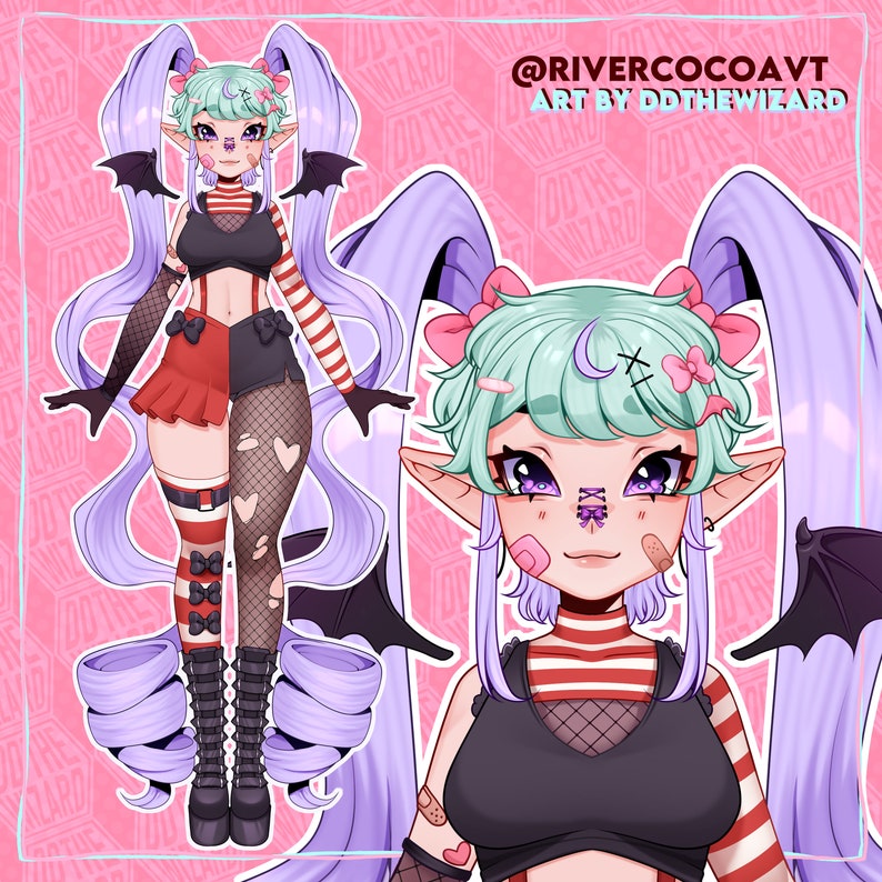 May include: A digital character illustration featuring a figure with long lavender hair in pigtails, mint green bangs, and pointed ears. The character wears a black crop top, red and black shorts, striped sleeves, and platform boots. Text reads @RIVERCOCOAVT.