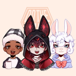 May include: A digital illustration featuring three cartoon characters. On the left, a person with a plaid hat holds a white mug. In the center, a character with dark ears and a red-lined hood. On the right, a white rabbit-like character with a bow.