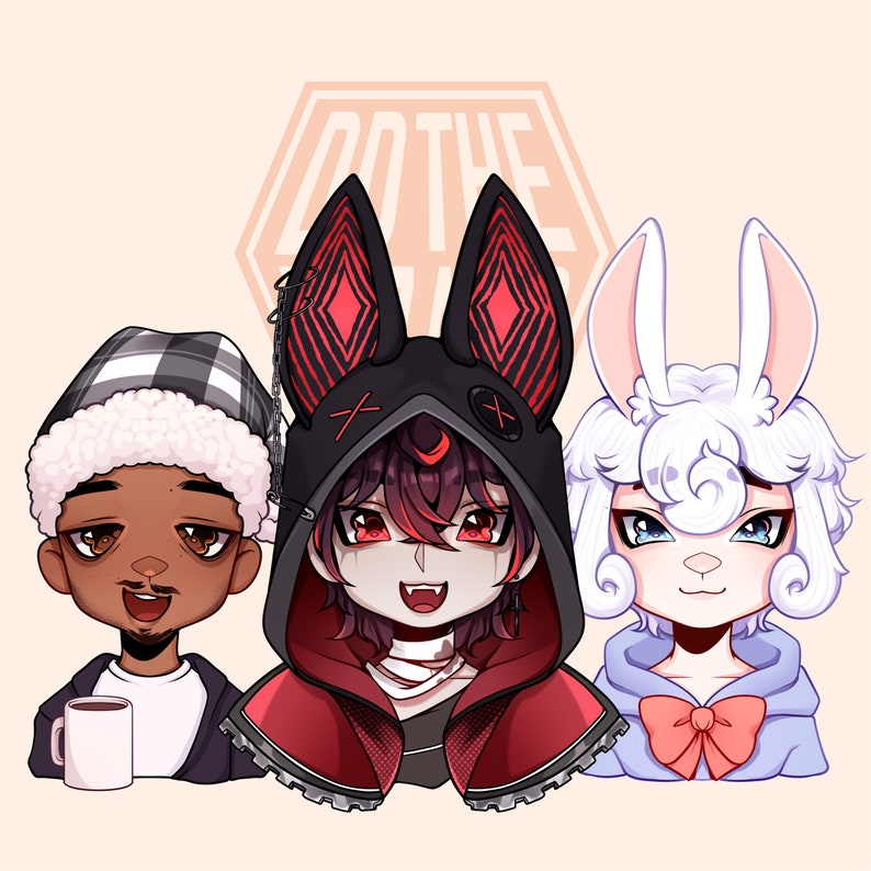 May include: A digital illustration featuring three cartoon characters. On the left, a person with a plaid hat holds a white mug. In the center, a character with dark ears and a red-lined hood. On the right, a white rabbit-like character with a bow.