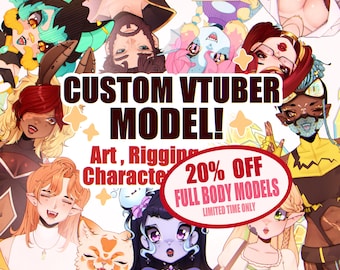 May include: A digital illustration featuring multiple anime-style characters with diverse hair colours and features. The text reads CUSTOM VTUBER MODEL! Art, Rigging, Character. A red oval contains the text 20% OFF FULL BODY MODELS LIMITED TIME ONLY.
