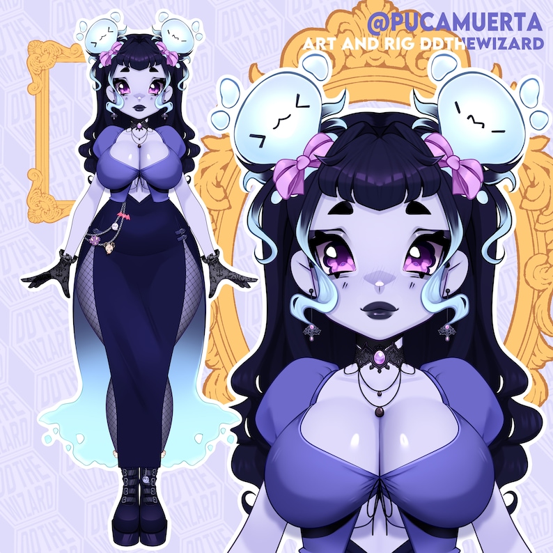 May include: A digital illustration of a character with pale blue skin, dark hair, and purple eyes, wearing a purple top, dark skirt, and black boots. The character features two floating white ghost-like figures with faces above their head.