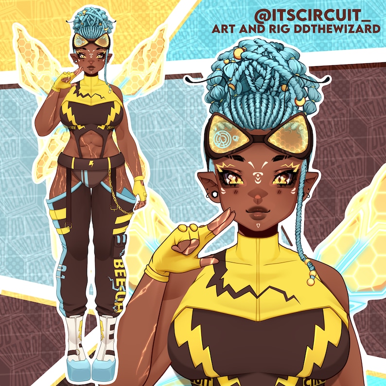 May include: A digital illustration of a character with blue braided hair, wearing yellow and black lightning-patterned clothing, goggles, and translucent yellow wings. The text @ITSCIRCUIT_ ART AND RIG DDTHEWIZARD is visible in the upper right corner.