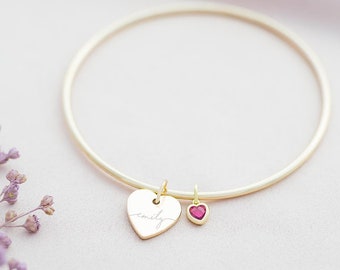 Esme Heart and Heart Birthstone Personalised Name Bangle • Personalised Bracelet • Gift For Her • Wedding Gift • Bloom Boutique