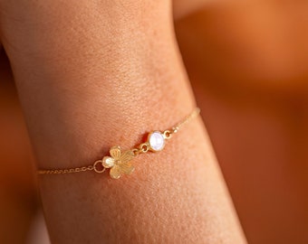 Bracelet coulissant personnalisé avec breloque fleur et pierre de naissance de juin • Pierre de naissance avec pierre de lune • Cadeau pour elle • Cadeau de mariage • Boutique Bloom