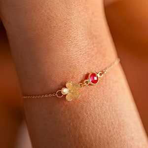 Gold Plated Flower Charm and Birthstone Personalised Slider Bracelet