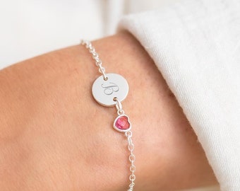 Initial Disc and Heart Birthstone Personalised Bracelet • Crystal Bracelet • Gift For Her • Wedding Gift • Bloom Boutique