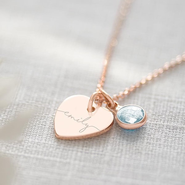 Esme Heart and Birthstone Personalised Name Necklace • Heart Jewellery • Gift For Her • Wedding Gift • Bloom Boutique