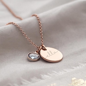 Rose Gold Disc Necklace customised with a name and Birthstone