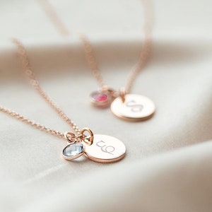 Script Style Initial on Rose Gold Disc Necklace with Birthstone charm Product Shot