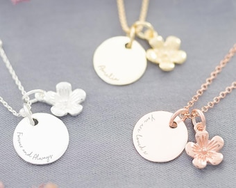 Sterling Silber Blume und Scheibe personalisierte Nachricht Halskette • Blumenschmuck • Geschenk für sie • Hochzeitsgeschenk • Bloom Boutique