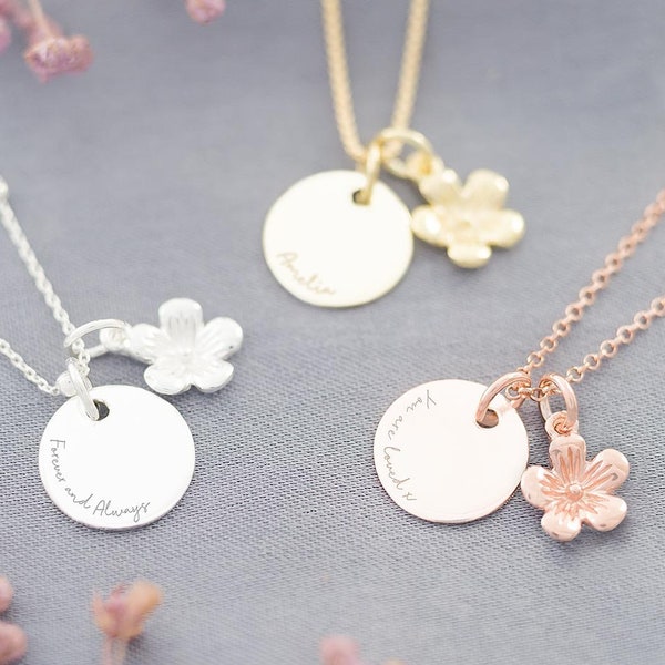 Sterling Silver Flower and Disc Personalised Message Necklace • Floral Jewellery • Gift For Her • Wedding Gift • Bloom Boutique